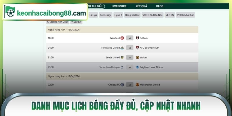Danh mục lịch bóng đầy đủ, cập nhật nhanh
